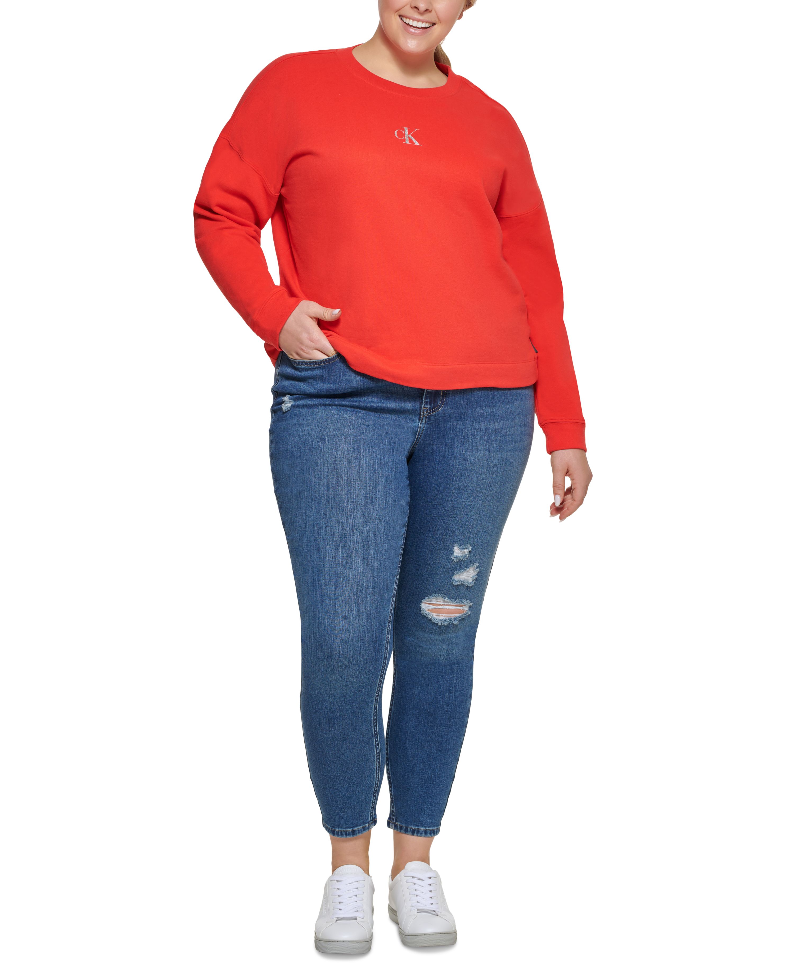 Calvin Klein Jeans Trendy Plus Size Logo Long Sleeve Sweatshirt Chili Silver Foil 2X